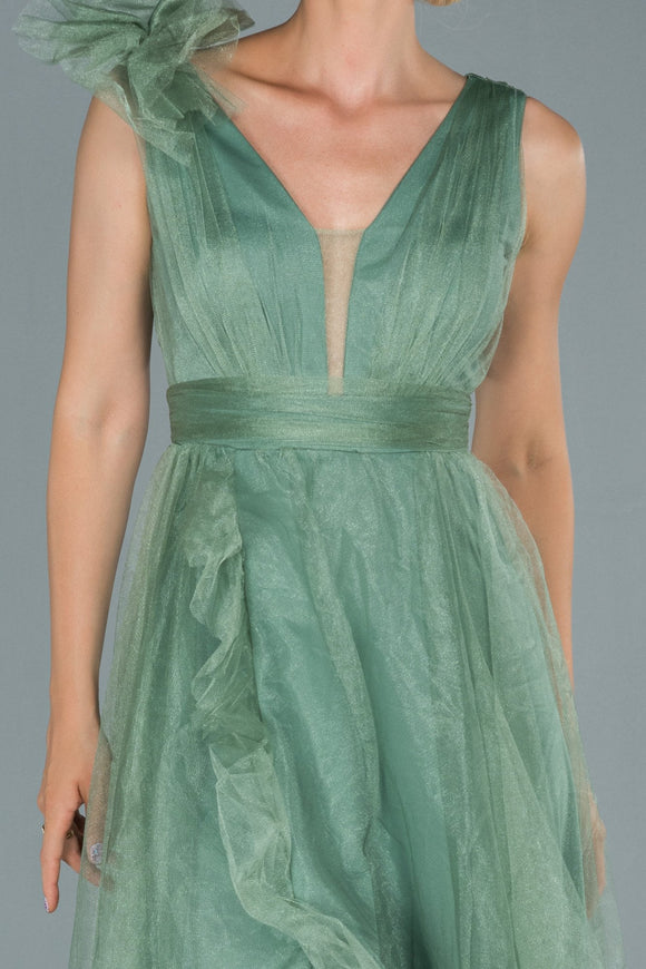 20311 Mint Green Applique Tulle Slit Dress