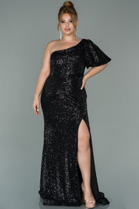 20191 Black One Shoulder Sequins Slit Dress