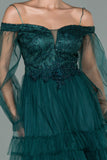 20363 Emerald Green Off-Shoulder Sheer Sleeve Tulle Dress
