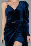 29864 Navy Blue One Shoulder Concealed Shorts Slit Velvet Dress