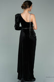 29821 Black One Shoulder Slit Velvet Dress