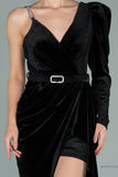 29821 Black One Shoulder Slit Velvet Dress