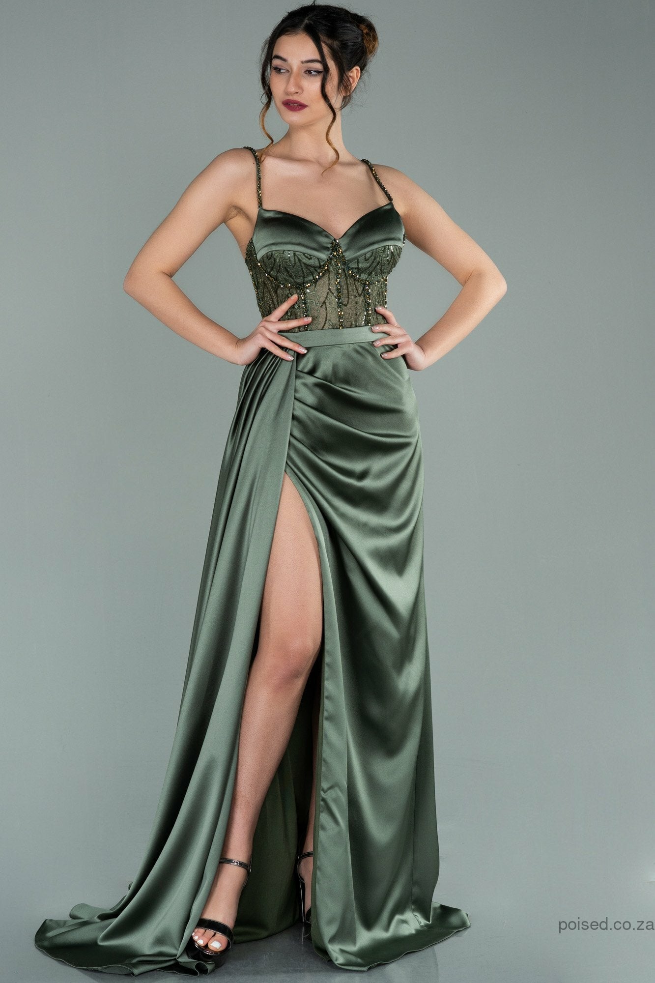 84429971 Olive Green Slit Satin Lace Corset Dress | AMP 84429971 Olive Green Slit Satin Lace Corset Dress | AMP