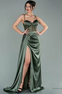 29971 Olive Green Slit Satin Lace Corset Dress