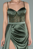 29971 Olive Green Slit Satin Lace Corset Dress