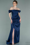 29900 Navy Blue Draped Bardot Slit Satin Dress