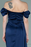 29900 Navy Blue Draped Bardot Slit Satin Dress