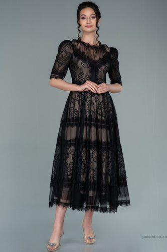 30099 Black & Nude Embroidered Lace Tulle Dress