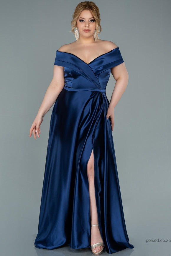 30013 Navy Blue Off-Shoulder Slit Satin Dress
