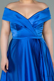 29858 Royal Blue Off-Shoulder Slit Satin Dress