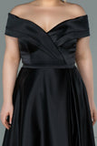 29859 Black Off-Shoulder Satin Slit Dress
