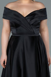 30014 Black Off-Shoulder Slit Satin Dress