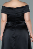 30014 Black Off-Shoulder Slit Satin Dress