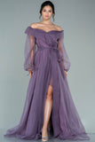 29825 Lavender Off-Shoulder Balloon Sleeve Slit Dress