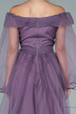 29825 Lavender Off-Shoulder Balloon Sleeve Slit Dress