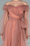 29873 Salmon Pink Off-Shoulder Balloon Sleeve Slit Dress