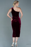 30092 Burgundy One Shoulder Slit Velvet Dress