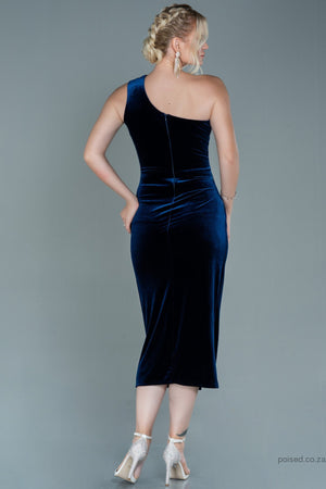 30094 Navy Blue One Shoulder Slit Velvet Dress