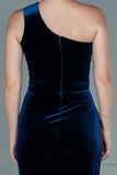 30094 Navy Blue One Shoulder Slit Velvet Dress