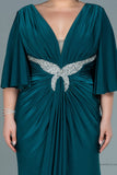 30044 Emerald Green Draped Satin Slit Dress