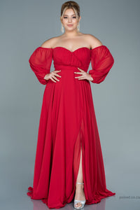 30059 Red Off-Shoulder Draped Chiffon Slit Dress