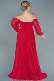 30059 Red Off-Shoulder Draped Chiffon Slit Dress