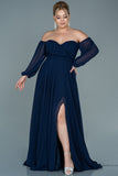 30061 Navy Blue Off-Shoulder Draped Chiffon Slit Dress