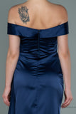 29977 Navy Blue Draped Off-Shoulder Slit Dress