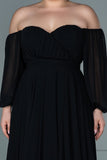 30060 Black Off-Shoulder Draped Chiffon Slit Dress