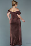 30027 Copper Off-Shoulder Draped Shimmer Slit Dress