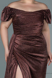 30027 Copper Off-Shoulder Draped Shimmer Slit Dress
