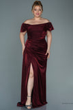 30028 Burgundy Off-Shoulder Draped Shimmer Slit Dress