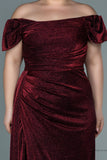 30028 Burgundy Off-Shoulder Draped Shimmer Slit Dress