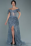 30131 Silver-Grey Off-Shoulder Sheer Corset Slit Dress