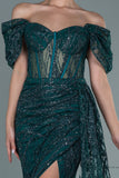 29987 Emerald Green Off-Shoulder Sheer Corset Slit Dress Embroidered Maxi
