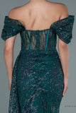29987 Emerald Green Off-Shoulder Sheer Corset Slit Dress Embroidered Maxi