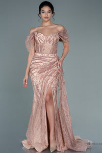 29989 Dusty Pink Off-Shoulder Sheer Corset Slit Dress
