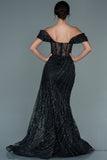 29988 Black Off-Shoulder Sheer Corset Slit Dress