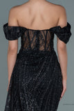 29988 Black Off-Shoulder Sheer Corset Slit Dress