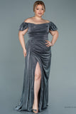 30024 Grey Off-Shoulder Draped Shimmer Slit Dress