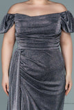30024 Grey Off-Shoulder Draped Shimmer Slit Dress