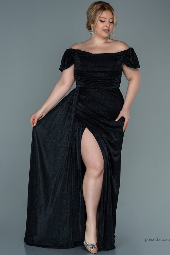 30025 Black Off-Shoulder Draped Shimmer Slit Dress
