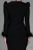 30137 Black Feather Detail Draped Slit Dress