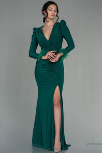 30135 Emerald Green Feather Detail Draped Slit Dress