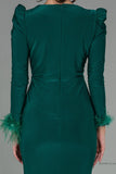 30135 Emerald Green Feather Detail Draped Slit Dress