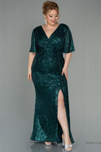 30087 Emerald Green Draped Slit Sequins Dress