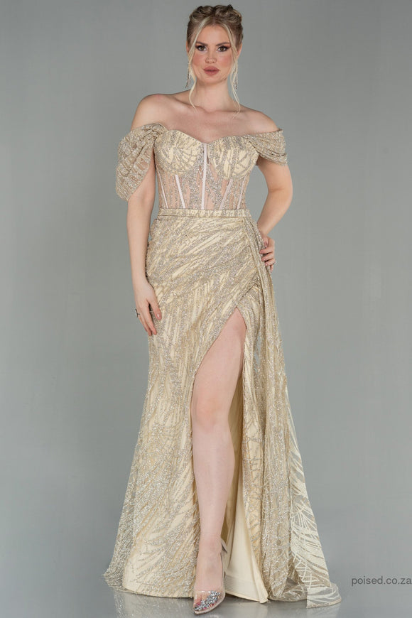 30129 Gold Off-Shoulder Sheer Corset Slit Dress