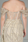 30129 Gold Off-Shoulder Sheer Corset Slit Dress