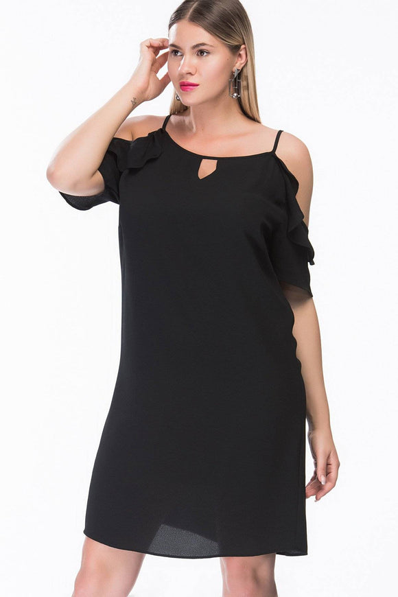 7200075 Black Off-Shoulder Ruffle Sleeve Dress