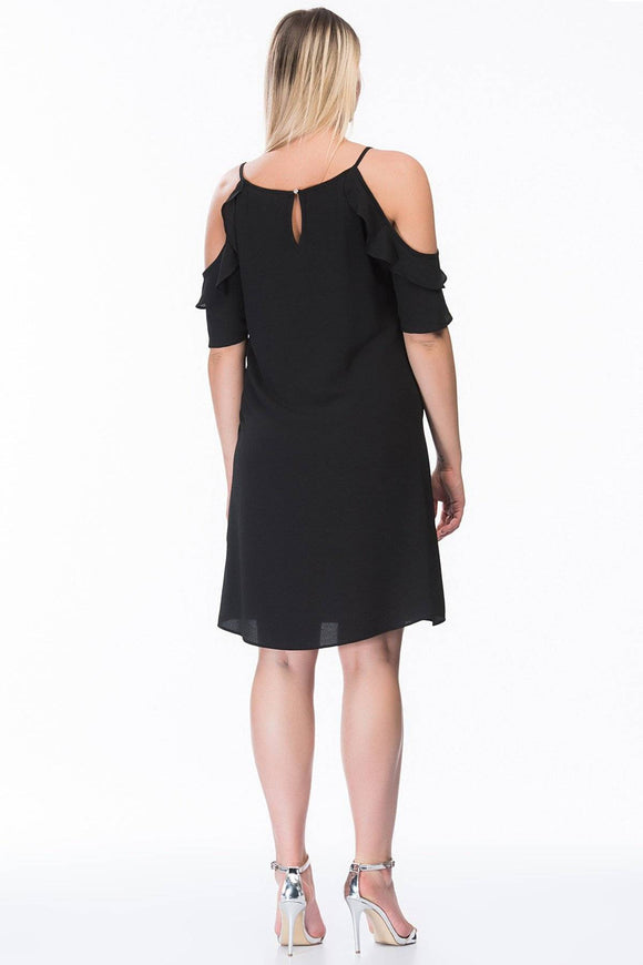 7200075 Black Off-Shoulder Ruffle Sleeve Dress